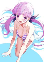 Rule 34 | 1girl, all fours, bare shoulders, bikini, blue background, braid, breasts, cleavage, collarbone, colored inner hair, hair ribbon, halterneck, highres, hololive, kuen (kuennn12), long hair, looking at viewer, low twintails, medium breasts, minato aqua, minato aqua (hololive summer 2019), multicolored hair, nail polish, open mouth, pink eyes, pink hair, ribbon, shiny skin, smile, solo, striped bikini, striped clothes, swimsuit, thigh gap, thighs, tongue, twintails, very long hair, virtual youtuber, white background