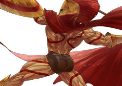 Rule 34 | 1boy, aiming, ass, bara, biceps, cape, fate/grand order, fate (series), fighting stance, full-body tattoo, greco-roman clothes, helmet, highres, holding, holding polearm, holding weapon, leonidas (fate), male focus, male swimwear, manly, mature male, muscular, muscular male, polearm, roman clothes, shield, sib (utau7), simple background, solo, spear, swim briefs, tattoo, thick arms, thick thighs, thighs, weapon, white background