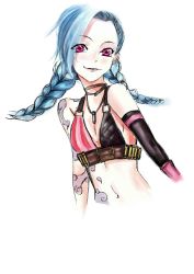 Rule 34 | 1girl, bare shoulders, bikini, bikini top only, blue hair, braid, breasts, highres, jewelry, jinx (league of legends), league of legends, necklace, pink eyes, small breasts, swimsuit, tattoo, twin braids