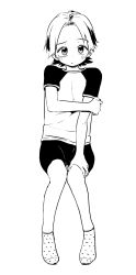 Rule 34 | 1girl, bike shorts, blush, female focus, highres, looking at viewer, monochrome, original, satsuyo, short hair, sitting, socks, solo, tomboy