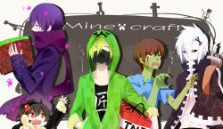 Rule 34 | 5boys, arrow (projectile), black sclera, block (object), blood, blush, coat, colored sclera, colored skin, creeper, earmuffs, enderman, explosive, gas mask, green skin, hair ornament, hairclip, highres, hood, hoodie, li sakura, male focus, mask, minecraft, multiple boys, personification, quiver, scarf, skeleton (minecraft), spider (minecraft), tnt, torn clothes, zombie (minecraft)