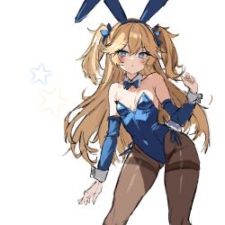 Rule 34 | 1girl, alternate costume, animal ears, bare shoulders, blonde hair, blue bow, blue eyes, bow, breasts, cowboy shot, cuffs, girls&#039; frontline, highres, leotard, pantyhose, playboy bunny, r scrubed, rabbit ears, sketch, solo, standing, super-shorty (girls&#039; frontline), twintails
