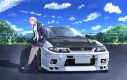 Rule 34 | 1girl, blonde hair, blue jacket, blush, closed mouth, cloud, cloudy sky, day, doitsuudon, hands in pockets, highres, idolmaster, idolmaster shiny colors, jacket, leaning against vehicle, looking at viewer, miniskirt, mountainous horizon, nissan, nissan skyline, nissan skyline gt-r, nissan skyline r33, open clothes, open jacket, outdoors, plaid, plaid skirt, pleated skirt, purple eyes, railing, saijo juri, shirt, short hair, skirt, sky, smile, solo, vehicle focus, white shirt