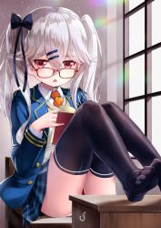 Rule 34 | 1girl, :o, ass, black bow, black thighhighs, blazer, blue jacket, blue skirt, blush, book, bow, collared shirt, commentary request, feet, glasses, hair between eyes, hair bow, hair ornament, hairclip, highres, jacket, long hair, looking over eyewear, moe2019, necktie, no shoes, open book, open clothes, open jacket, orange necktie, original, panties, parted lips, plaid, plaid skirt, pleated skirt, red-framed eyewear, red eyes, rin2008, shirt, silver hair, sitting, skirt, soles, solo, sweater vest, thighhighs, twintails, underwear, white panties, white shirt, window