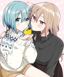 Rule 34 | 2girls, aqua hair, bare legs, black sweater, breasts, brown skirt, character request, closed mouth, copyright request, food, fruit, furrowed brow, green eyes, hair between eyes, hand on another&#039;s back, heart, highres, holding, holding food, holding fruit, large breasts, light brown hair, long hair, looking at another, looking at viewer, multiple girls, nail polish, open hands, short hair, simple background, skirt, sweater, v-shaped eyebrows, white sleeves, yasaka shuu