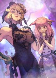 Rule 34 | 2girls, animal ears, armpits, au ra, warrior of light (ff14), bare arms, bare shoulders, black horns, blonde hair, breasts, cat ears, cat girl, closed mouth, commentary request, disco ball, dragon girl, dragon horns, dress, ears down, fictional persona, final fantasy, final fantasy xiv, flower, hair flower, hair ornament, half-closed eye, hand on own hip, hand on own chest, hand on own chin, hand up, hands up, hat, hide (hideout), highres, horns, indoors, lips, long hair, looking at another, looking at viewer, medium breasts, miqo&#039;te, multiple girls, no bra, one eye closed, pink hair, red eyes, revealing clothes, scales, see-through, short hair, sleeveless, sleeveless dress, smile, staring, swept bangs, thinking, v-shaped eyebrows, wide-eyed