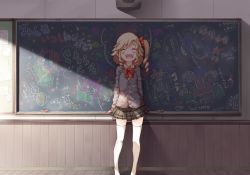 Rule 34 | 1girl, :d, ^ ^, alternate costume, alternate hairstyle, blonde hair, blush, bow, cameo, chalkboard, classroom, closed eyes, drawing, drill hair, closed eyes, fang, female focus, flandre scarlet, happy, homoo..., hong meiling, izayoi sakuya, koakuma, no wings, open mouth, patchouli knowledge, plaid, plaid skirt, pointy ears, remilia scarlet, school, school uniform, shunsuke, side ponytail, sidelocks, skin fang, skirt, smile, solo, standing, thighhighs, touhou, v, white thighhighs