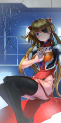 Rule 34 | 10s, 1girl, absurdres, adapted costume, ahoge, ass, backlighting, black thighhighs, blue eyes, blue gemstone, blush, breasts, cable, cleavage cutout, clothing cutout, colored eyelashes, covered collarbone, covered navel, curvy, evangelion: 3.0 you can (not) redo, eyepatch, fingernails, from side, garter straps, gem, groin, hair between eyes, hand on own chest, head tilt, headgear, highleg, highleg leotard, highres, huge ass, knee pads, legs together, leotard, light particles, long fingernails, long hair, looking at viewer, medium breasts, neon genesis evangelion, orange hair, parted lips, pilot suit, railing, rebuild of evangelion, red leotard, revealing clothes, ruffling hair, shade, shadow, shiny skin, shoulder pads, sitting, solo, souryuu asuka langley, stars (ssss50369), tattoo, thighhighs, thighs, triangle mouth, turtleneck, two side up, very long hair, wide hips