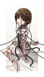 Rule 34 | 1girl, :o, asymmetrical hair, barefoot, brown eyes, brown hair, cable, chemise, entangled, feet, hair ornament, halulu, highres, iwakura lain, looking at viewer, open mouth, serial experiments lain, single sidelock, sitting, solo, strap slip, wariza, white chemise, x hair ornament