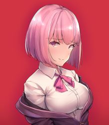Rule 34 | 10s, 1girl, bow, bowtie, breasts, gridman universe, highres, large breasts, lolicondeath1, looking at viewer, pink bow, pink bowtie, pink eyes, pink hair, red background, shinjou akane, shirt, short hair, simple background, smile, solo, ssss.gridman, upper body, white shirt