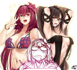 Rule 34 | 3girls, adjusting eyewear, armpits, arms behind head, arms up, bare shoulders, bespectacled, bikini, black dress, bow, bracelet, breasts, brown hair, center opening, choker, cleavage, collarbone, commentary request, dress, drooling, fate/grand order, fate (series), flower, glasses, hair between eyes, hair bow, hair flower, hair intakes, hair ornament, hibiscus, jewelry, large breasts, long hair, looking at viewer, medium breasts, multiple girls, navel, okitakung, open mouth, osakabehime (fate), purple bikini, purple hair, red eyes, scathach (fate), scathach (fate/grand order), scathach (swimsuit assassin) (fate), simple background, smile, sparkle, strapless, strapless dress, stylus, swimsuit, tablet pc, very long hair, white background, yu mei-ren (fate)