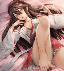 Rule 34 | 1girl, bare shoulders, barefoot, black hair, brown eyes, chocolate, detached sleeves, feet, food on body, hair between eyes, hairband, haruna (kancolle), irohakaede, japanese clothes, kantai collection, long hair, nontraditional miko, pleated skirt, red hairband, red skirt, ribbon-trimmed sleeves, ribbon trim, skirt, solo, toes, wide sleeves