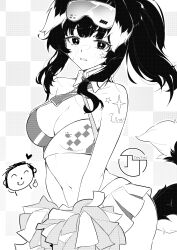 Rule 34 | 1girl, absurdres, animal ears, doodle sensei (blue archive), bare arms, bare shoulders, blue archive, blush, breasts, cheerleader, chouchou (austin), cleavage, collarbone, cowboy shot, crop top, dog ears, dog girl, dog tail, eyewear on head, greyscale, hibiki (blue archive), hibiki (cheer squad) (blue archive), highres, holding, holding pom poms, long hair, looking at viewer, medium breasts, millennium cheerleader outfit (blue archive), monochrome, official alternate costume, pom pom (cheerleading), pom poms, sensei (blue archive), sidelocks, standing, sticker on arm, sticker on face, tail, thumbs up