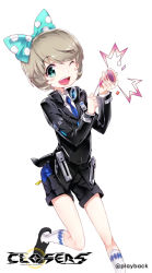 Rule 34 | 1boy, ;d, artist name, blonde hair, blue necktie, bow, closers, collared shirt, copyright name, full body, green eyes, hair bow, male focus, mistilteinn (closers), necktie, one eye closed, open mouth, party popper, playback, shirt, short hair, simple background, smile, solo, white background, white legwear, white shirt