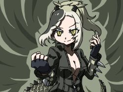 Rule 34 | 1girl, asymmetrical hair, black gloves, breasts, cleavage, closed mouth, collared jacket, crocodilian tail, eyes visible through hair, fighting stance, fingerless gloves, gloves, green eyes, green jacket, hands up, high collar, high ponytail, jacket, kemono friends, long hair, long sleeves, medium breasts, multicolored hair, partially unzipped, raised eyebrow, saltwater crocodile (kemono friends), slit pupils, smile, solo, spikes, srd (srdsrd01), tail, upper body, zipper, zipper pull tab
