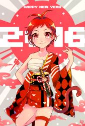 Rule 34 | 10s, 1girl, 2016, antenna hair, bad id, bad pixiv id, hand on own hip, happy new year, highres, japanese clothes, kisaragi yuu (fallen sky), leg up, legband, monkey tail, new year, off shoulder, original, purple eyes, red hair, sarashi, short hair, short sword, signature, smile, solo, sword, tail, tantou, weapon