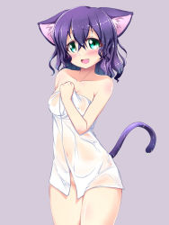 Rule 34 | 10s, 1girl, :d, animal ears, blush, breasts, cat ears, cat tail, cyan (show by rock!!), green eyes, highres, looking at viewer, naked towel, nekono matatabi, open mouth, purple background, purple hair, see-through, short hair, show by rock!!, simple background, smile, solo, tail, towel, wet