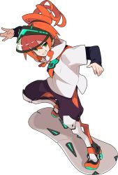 Rule 34 | 1boy, arms up, artist request, axem (world flipper), black shirt, drawstring, full body, glowing, green eyes, green hat, grin, hair tie, happy, hat, highres, hood, hoodie, hoverboard, layered sleeves, long sleeves, looking at viewer, male focus, mechanical legs, neon trim, non-web source, official art, orange hair, ponytail, prosthesis, purple shorts, riding, see-through, shirt, short hair, short over long sleeves, short sleeves, shorts, sidelocks, simple background, smile, solo, standing, sweater, teeth, transparent background, v-shaped eyebrows, visor cap, white hoodie, white sweater, world flipper
