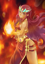 Rule 34 | 1girl, breasts, breath of fire, breath of fire ii, crown, dark skin, dark-skinned female, long hair, looking at viewer, open mouth, red eyes, red hair, sana, shaman, smile, solo