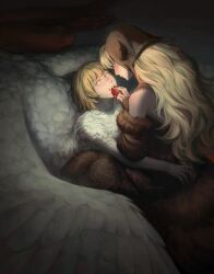 Rule 34 | 2girls, bare shoulders, black dress, black hood, blonde hair, blush, body fur, brown dress, brown headwear, centauroid, chimera, closed mouth, commentary, completely nude, detached hood, detached sleeves, dragon girl, dress, dungeon meshi, ear covers, elf, english commentary, eye contact, falin touden, feathered wings, feeding, food, food on face, from above, fur-trimmed dress, fur-trimmed sleeves, fur trim, green eyes, highres, holding, holding food, hood, hood up, hug, lace, lace-trimmed dress, lace-trimmed headwear, lace-trimmed sleeves, lace trim, long hair, looking at another, looking down, looking up, marcille donato, monster girl, multiple girls, nude, official alternate costume, own hands together, pie, pie slice, pointy ears, short hair, sitting, sleeves past wrists, spoilers, taur, toodlingart, twitter username, wings, yellow eyes, yuri