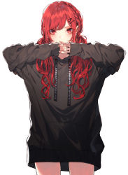 Rule 34 | 1girl, black hoodie, braid, clothes writing, covering own mouth, cowboy shot, drawstring, earrings, flat chest, french braid, hair ornament, hair over shoulder, hairclip, hand over own mouth, highres, hood, hoodie, jewelry, kuwashima rein, long hair, looking at viewer, nail polish, no pants, original, own hands together, red eyes, red hair, red nails, simple background, single braid, sleeves past wrists, solo, swept bangs, twintails, white background