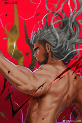 Rule 34 | 1boy, bara, beard, black lightning, dark-skinned male, dark skin, electricity, electrokinesis, facial hair, from side, full beard, highres, long hair, male focus, mature male, muscular, muscular male, nude, original, outstretched arm, pectorals, powerlesssong, prehensile hair, profile, purple lightning, serious, sidepec, solo, thick eyebrows, tsurime, upper body