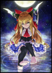 Rule 34 | 1girl, barefoot, black thighhighs, blonde hair, blue skirt, bow, corset, detached sleeves, frilled skirt, frills, full body, full moon, grin, hair between eyes, hair bow, horns, ibuki suika, long hair, looking at viewer, miniskirt, moon, red bow, red neckwear, shirt, sitting, skirt, sky, sleeveless, sleeveless shirt, smile, solo, star (sky), starry sky, stirrup legwear, thighhighs, tirotata, toeless legwear, touhou, very long hair, white shirt, yellow eyes