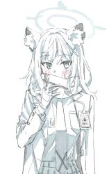 Rule 34 | 1girl, animal ear fluff, animal ears, blue archive, blush, cross hair ornament, formal, gloves, hair ornament, halo, hand on own face, hand up, jacket, looking at viewer, medium hair, mismatched pupils, necktie, open clothes, open jacket, pleated skirt, scarf, shiroko (blue archive), shirt, shirt tucked in, skirt, striped clothes, striped scarf, suit, tanakasan1199, upper body, white eyes, white shirt, wolf ears