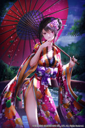 Rule 34 | 1girl, black hair, bow, breasts, cleavage, cloud, cloudy sky, commentary request, copyright request, floral print, flower, gradient kimono, hair between eyes, hair bun, hair flower, hair ornament, hands up, head tilt, holding, holding umbrella, japanese clothes, kimono, large breasts, leaf, long sleeves, lunacle, official art, oil-paper umbrella, outdoors, print kimono, purple bow, purple flower, purple kimono, purple rose, rain, red eyes, red flower, red kimono, red umbrella, river, rose, single hair bun, sky, solo, standing, tongue, tongue out, umbrella, water, watermark, wide sleeves