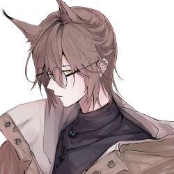 Rule 34 | 1boy, absurdres, alternate costume, animal ears, arknights, bespectacled, black shirt, brown hair, brown jacket, cat boy, cat ears, commentary, glasses, hair over one eye, highres, jacket, jewelry, looking at viewer, male focus, necklace, p (hgdsisd), parted lips, phantom (arknights), shirt, short hair, simple background, solo, turtleneck shirt, upper body, white background, yellow eyes