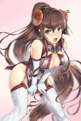 Rule 34 | 10s, 1girl, anchor, bare shoulders, blush, breasts, brown eyes, brown hair, china dress, chinese clothes, cleavage, covered erect nipples, dress, elbow gloves, garter straps, gloves, hair ornament, hi-ho-, highres, kantai collection, large breasts, leaning forward, long hair, looking at viewer, matching hair/eyes, open mouth, ponytail, solo, standing, tears, thighhighs, undersized clothes, very long hair, yamato (kancolle)