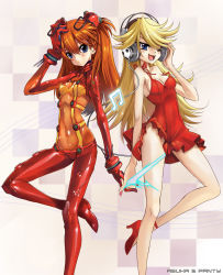 Rule 34 | 00s, 10s, 2girls, blonde hair, blue eyes, blush, bodysuit, breasts, cleavage, company connection, crossover, dress, evangelion: 2.0 you can (not) advance, formal, gainax, hand on own ear, headphones, high heels, highres, holding hands, long hair, multicolored clothes, multiple girls, nail polish, neon genesis evangelion, no panties, one eye closed, orange hair, panties, panties around leg, panty &amp; stocking with garterbelt, panty (psg), plugsuit, por (downletgo), rebuild of evangelion, red dress, red nails, shoes, skin tight, small breasts, smile, souryuu asuka langley, suit, test plugsuit, underwear, wink