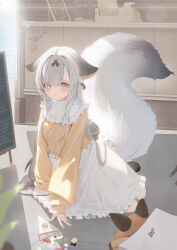 Rule 34 | 1girl, absurdres, azur lane, copyright name, crepe, droopy ears, english text, food, fox, fox girl, frilled skirt, frills, full body, galodos, hair between eyes, highres, ice cream crepe, indoors, large tail, long hair, long sleeves, looking at viewer, miyuki (azur lane), miyuki (clear skies and crepes) (azur lane), official alternate costume, skirt, sweater, tail, white skirt, yellow eyes, yellow sweater