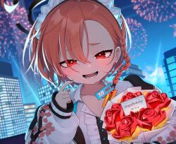 Rule 34 | 1girl, ahoge, asymmetrical bangs, blue archive, blurry, blurry background, blush, bouquet, braid, building, center frills, city, earrings, fireworks, flower, frills, halo, happy birthday, highres, jacket, jewelry, looking at viewer, maid headdress, medium hair, mole under each eye, mole under eye, multiple moles, narinun, neru (blue archive), night, off shoulder, open mouth, orange hair, outdoors, red eyes, rose, scratching cheek, shirt, single braid, skyscraper, smile, solo, stud earrings, upper body, white jacket, white shirt