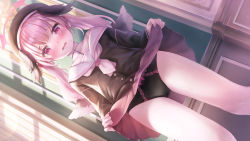 Rule 34 | 1girl, black panties, black shirt, blue archive, blush, bra strap, clothes lift, collared shirt, dutch angle, head wings, highres, indoors, koharu (blue archive), lifted by self, long hair, long sleeves, looking at viewer, miniskirt, neckerchief, open mouth, panties, pink eyes, pink hair, pink neckerchief, pink skirt, pleated skirt, sailor collar, sailor shirt, school uniform, serafuku, shirt, sho lab, skirt, skirt lift, solo, standing, thighs, twintails, underwear, wavy mouth, white sailor collar, wings