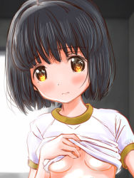 Rule 34 | 1girl, black hair, blush, breasts, closed mouth, clothes lift, female focus, koguma (super cub), lifting own clothes, looking at viewer, m tap, no bra, shirt lift, short hair, small breasts, solo, super cub, underboob, upper body, yellow eyes
