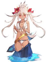 Rule 34 | 1girl, absurdres, bare arms, bare shoulders, bikini, blue skirt, blush, bow, breasts, cleavage, closed mouth, clothes pull, collarbone, commentary request, dark-skinned female, dark skin, flower, front-tie bikini top, front-tie top, granblue fantasy, groin, hair between eyes, hair bow, hair flower, hair ornament, highres, holding, holding hair, long hair, medium breasts, navel, pleated skirt, red bow, red eyes, red flower, side-tie bikini bottom, skirt, skirt pull, solo, swimsuit, tota (sizukurubiks), twintails, very long hair, water, white background, white bikini, white hair, zooey (granblue fantasy), zooey (summer) (granblue fantasy)