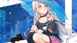 Rule 34 | 1girl, ahoge, bad id, bad pixiv id, bare shoulders, blue eyes, braid, building, cat, choker, highres, ia (vocaloid), long hair, megumoke, off shoulder, open mouth, parted lips, rain, silver hair, single thighhigh, skirt, smile, solo, squatting, thigh strap, thighhighs, twin braids, umbrella, very long hair, vocaloid, water drop, window