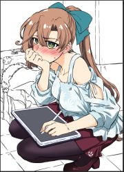 Rule 34 | 1girl, akigumo (kancolle), anchor symbol, bare shoulders, blush, bow, breasts, brown hair, clothing cutout, drawing tablet, green bow, green eyes, hair bow, head rest, holding, holding stylus, kantai collection, left-handed, long hair, long sleeves, luggage, medium breasts, mole, mole under eye, pantyhose, pleated skirt, ponytail, ribbon, shoulder cutout, skirt, solo, squatting, stylus, suitcase, sweatdrop, takana shinno
