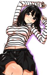 Rule 34 | 1girl, bad id, bad pixiv id, black eyes, black hair, black skirt, blush, breasts, commentary request, commission, covered erect nipples, eyebrows, highres, long hair, looking at viewer, lying, medium breasts, midriff, midriff peek, navel, on back, original, pleated skirt, pyojunbe, shirt, signature, simple background, skirt, smile, solo, striped clothes, striped shirt, white background
