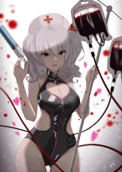 Rule 34 | 1girl, alternate costume, bad id, bad pixiv id, blood, blood bag, blue eyes, breasts, cleavage, grey hair, hat, heart, highres, holding, holding syringe, intravenous drip, kantai collection, kashima (kancolle), large breasts, looking at viewer, neve (morris-minicooper), nurse cap, one-piece swimsuit, signature, solo, swimsuit, syringe, two side up