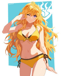 Rule 34 | 1girl, ;), absurdres, ahoge, bikini, blonde hair, breasts, closed mouth, collarbone, cowboy shot, front-tie top, highres, large breasts, long hair, looking at viewer, navel, one eye closed, purple eyes, rwby, smile, solo, standing, stomach, swimsuit, very long hair, wavy hair, yang xiao long, yellow bikini, zackmyst
