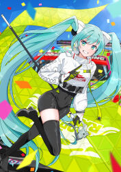 Rule 34 | 1girl, absurdres, black footwear, black gloves, black thighhighs, bodysuit, bodysuit under clothes, boots, flag, gloves, green eyes, green flag, green gloves, green hair, hatsune miku, highres, holding, holding flag, leotard, long hair, looking at viewer, mofmama, racing miku, racing miku (2022), racing suit, smile, solo, thigh boots, thighhighs, twintails, vocaloid