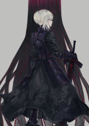 Rule 34 | 1girl, armor, armored dress, artoria pendragon (all), artoria pendragon (fate), black armor, black dress, black footwear, blonde hair, braid, dress, excalibur morgan (fate), fate/stay night, fate (series), french braid, from behind, gauntlets, lsunl, planted, planted sword, planted weapon, saber alter, solo, sword, type-moon, weapon, yellow eyes