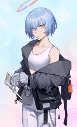 Rule 34 | 1girl, absurdres, arknights, black jacket, blue hair, commentary request, cowboy shot, crop top, gloves, grey eyes, gun, halo, handgun, highres, holding, holding gun, holding weapon, jacket, long sleeves, looking at viewer, midriff, off shoulder, pants, piao miao, short hair, single bare shoulder, smile, solo, sports bra, spuria (arknights), standing, weapon, white gloves, white pants