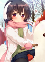 Rule 34 | 1girl, alternate costume, animal ears, bad id, bad pixiv id, bird, black hair, black pantyhose, blush, chicken, closed mouth, coat, commentary request, day, gloves, green sweater, inaba tewi, looking at viewer, mittens, nnyara, outdoors, pantyhose, pink gloves, pink scarf, rabbit ears, red eyes, ribbed sweater, scarf, short shorts, shorts, sitting, snow, snowflake print, solo, spoken squiggle, squiggle, sweatdrop, sweater, touhou, tree, twitter username, white coat, winter