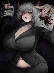 Rule 34 | 1girl, absurdres, animal ears, black nails, black shirt, blush, breasts, cat ears, cleavage, collarbone, collared shirt, cowboy shot, crazy, curvy, glowing, glowing eye, grey hair, hair over one eye, havoc-chan, highres, huge breasts, looking at viewer, medium hair, midriff peek, nail polish, navel, open mouth, original, partially unbuttoned, plump, purple eyes, shirt, solo, suou-sensei, tattoo, yandere
