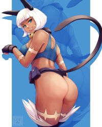 Rule 34 | 1girl, ass, belt pouch, blue background, blue eyes, bob cut, cat girl, collar, crop top, dark-skinned female, dark skin, detached leggings, etahoin, fingerless gloves, from behind, gloves, highres, looking at viewer, looking back, ms. fortune (skullgirls), neck bell, open mouth, paw pose, pouch, red lips, scar, short hair, skullgirls, smile, solo, sports bikini, white hair
