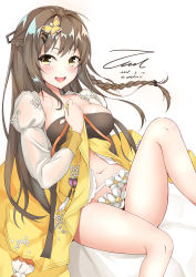 Rule 34 | 1girl, :d, blush, braid, breasts, brown eyes, brown hair, butterfly hair ornament, clothes lift, collarbone, dated, dress, dress lift, flower, french braid, girls&#039; frontline, groin, hair between eyes, hair ornament, hairclip, hanbok, holding, holding clothes, holding dress, holding skirt, juliet sleeves, k2 (far east princess) (girls&#039; frontline), k2 (girls&#039; frontline), knee up, korean clothes, large breasts, long hair, long sleeves, looking at viewer, medium breasts, midriff peek, navel, official alternate costume, open mouth, puffy sleeves, side braid, sidelocks, signature, simple background, sitting, skirt, smile, solo, stomach, thighs, twitter username, unel, very long hair, white background, white flower