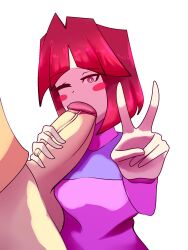 Rule 34 | bete noire, betty noire, brown hair, fellatio, glitchtale, large penis, oral, penis, pink shirt, purple shirt, red eyes, red hair, shirt, short hair